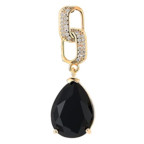 Gold Color Link Dangle Stud Earrings with Cubic Zirconia and Black Teardrop Gem Stone