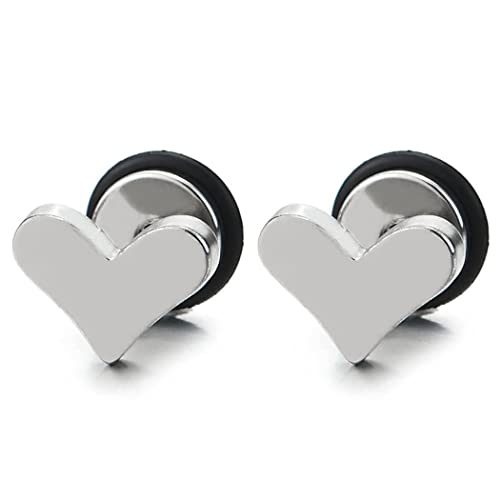 Pair Womens Polished Flat Heart Stud Earrings Stainless Steel, Screw Back