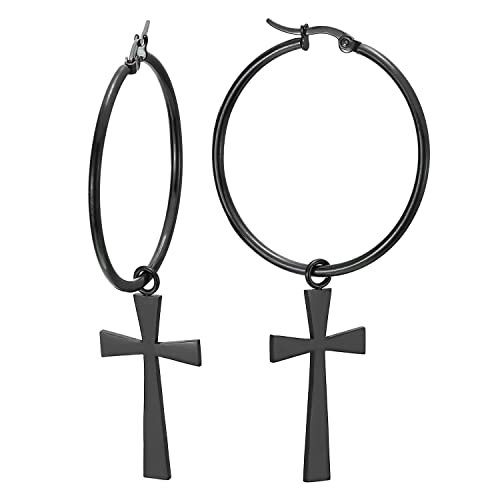 Pair Womens Stainless Steel Large Black Plain Circle Huggie Hinged Hoop Earrings with Dangling Cross