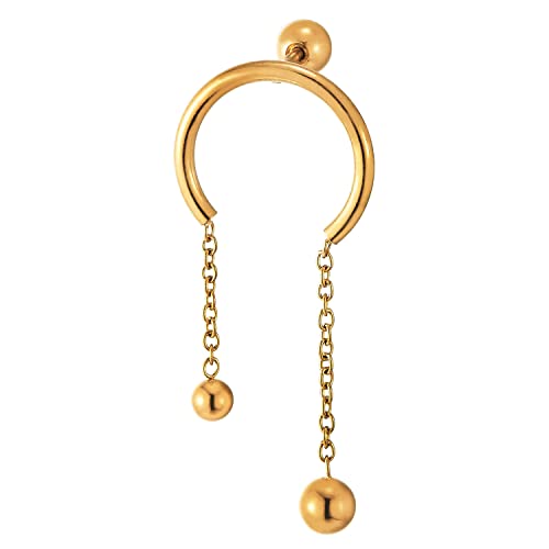 Women Stainless Steel Gold Color Bead Stud Earrings with Open Circle and Dangling Chains, Screw Back