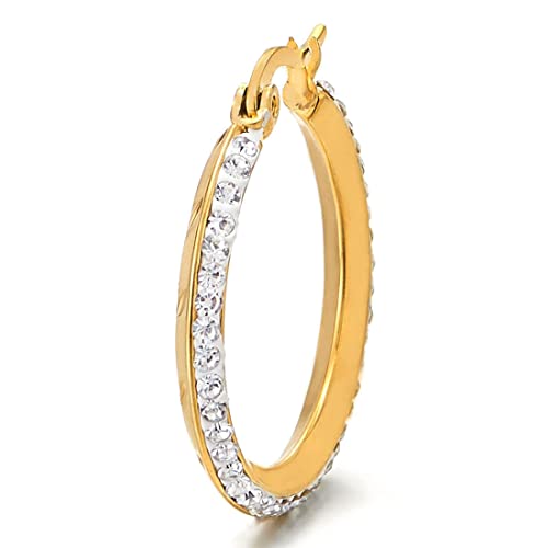 Pair Gold Color Stainless Steel Huggie Hinged Hoop Earrings with Cubic Zirconia