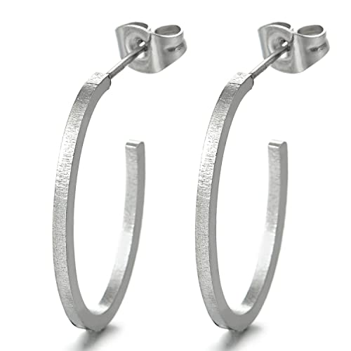 Pair Stainless Steel Open Flat Oval Hoop Huggie Hinged Stud Earrings