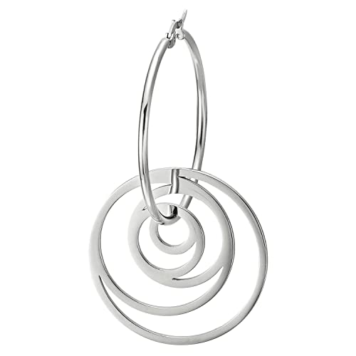 Pair Women Stainless Steel Huggie Hinged Hoop Earrings with Dangling Swirl Circle