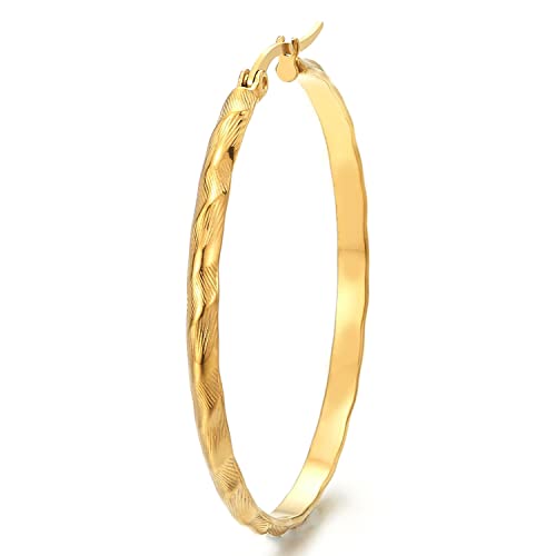 Women Steel Large Grooved Stripes Pattern Circle Huggie Hinged Hoop Earrings, Gold Color, Fashion