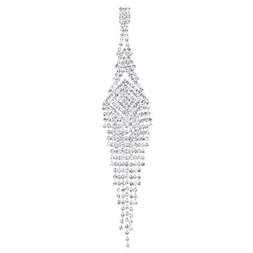 Wedding Bridal Rhinestone Pave Cluster Spiral Square Chain Long Tassel Dangle Statement Earrings