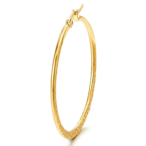 Women Steel Large Grooved Grid Pattern Circle Huggie Hinged Hoop Earrings, Gold Color, Fashion