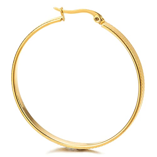 Gold Color Statement Earrings Oblique Texture Grooved Stripes Circle Huggie Hinged Hoop, Fashion