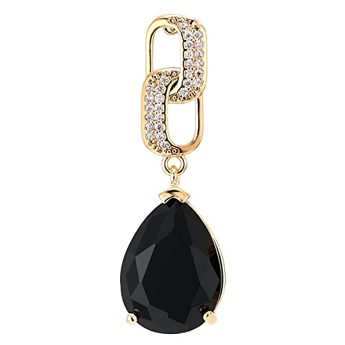 Gold Color Link Dangle Stud Earrings with Cubic Zirconia and Black Teardrop Gem Stone