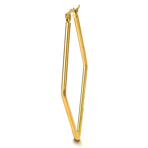 Pair Stainless Steel Gold Color Large Rhombus Huggie Hinged Hoop Earrings for Women