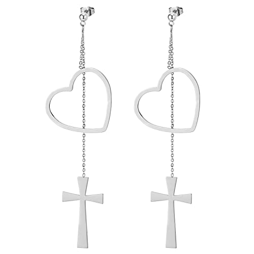 Pair Womens Stainless Steel Stud Earrings with Extra Long Chain of Cross and Dangling Open Heart