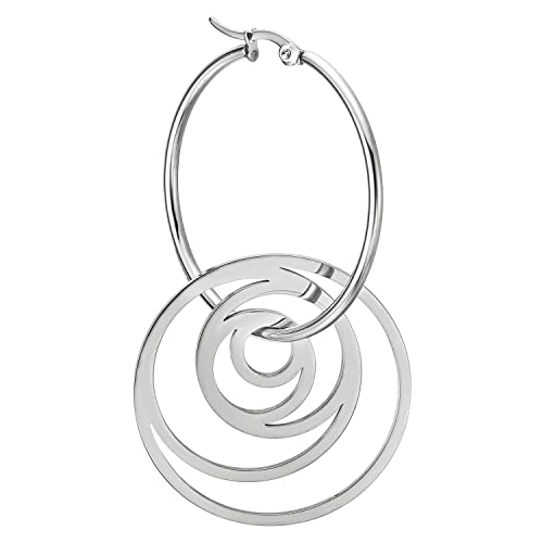 Pair Women Stainless Steel Huggie Hinged Hoop Earrings with Dangling Swirl Circle