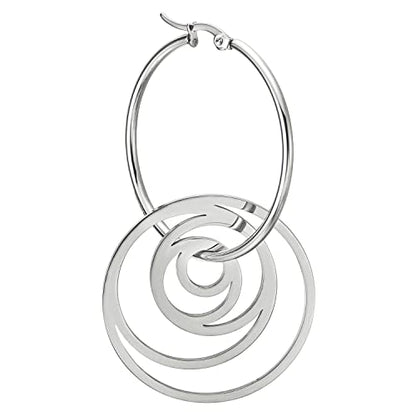 Pair Women Stainless Steel Huggie Hinged Hoop Earrings with Dangling Swirl Circle