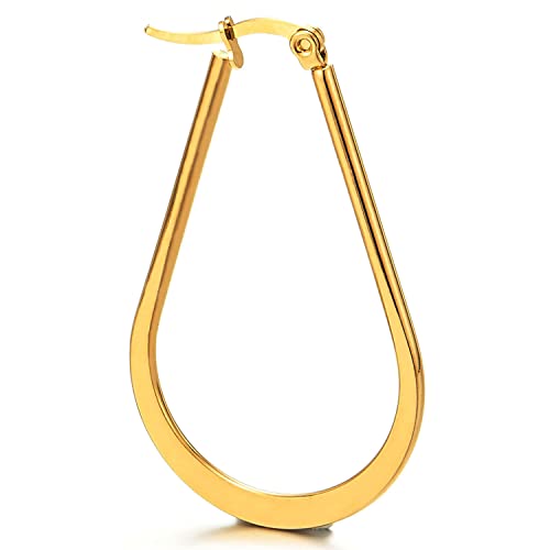 Pair Stainless Steel Large Flat Teardrop Huggie Hinged Hoop Earrings for Women Gold Color