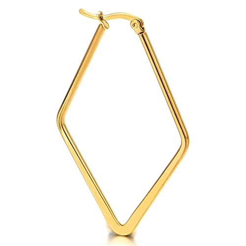 Pair Stainless Steel Gold Color Large Rhombus Huggie Hinged Hoop Earrings for Women