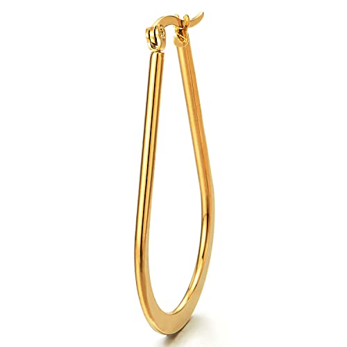 Pair Stainless Steel Large Flat Teardrop Huggie Hinged Hoop Earrings for Women Gold Color