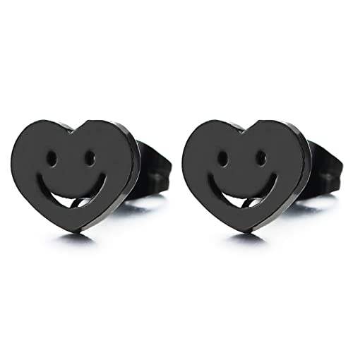 Pair Black Plain Heart Smile Face Stud Earrings Stainless Steel for Women, Screw Back