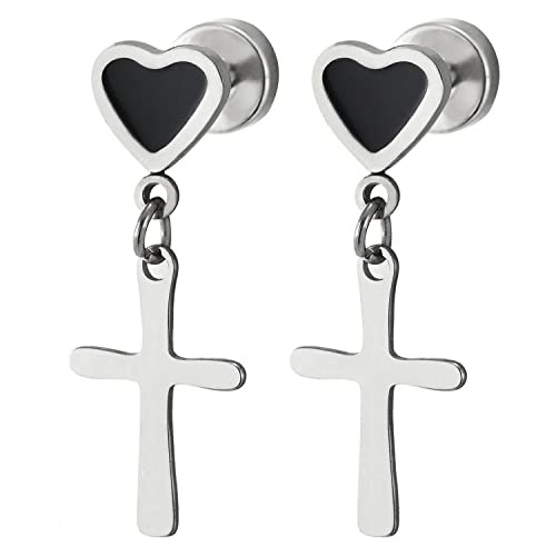 Pair Womens Screw Stud Earrings with Black Enamel Heart and Cross, Stainless Steel