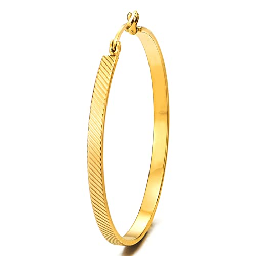 Gold Color Statement Earrings Oblique Texture Grooved Stripes Circle Huggie Hinged Hoop, Fashion