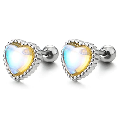 Women 5MM Rainbow Solitaire Gem Stone Dotted Heart Stud Earrings, Stainless Steel, Screw Back 1 Pair