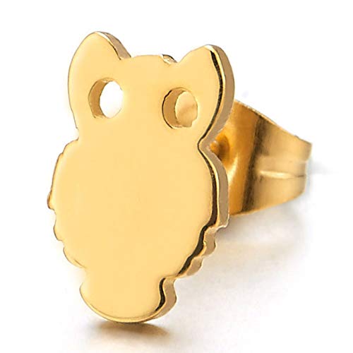 Mens Womens Gold Color Owl Stud Earrings in Stainless Steel, 2 pcs