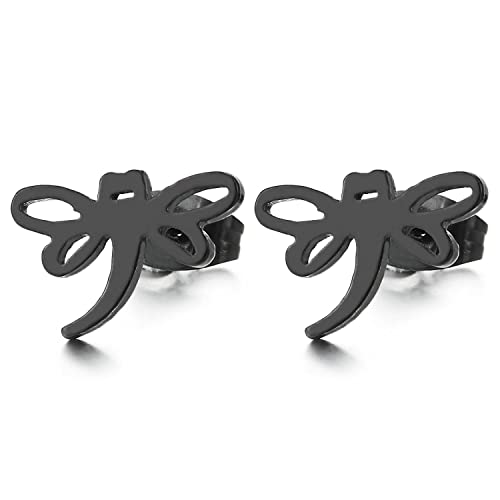 Pair Flat Black Stainless Steel Dragonfly Stud Earrings for Women