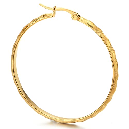 Women Steel Large Grooved Stripes Pattern Circle Huggie Hinged Hoop Earrings, Gold Color, Fashion