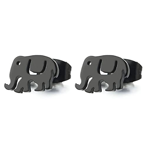 Womens Black Elephant Stud Earrings Stainless Steel, 2 pcs