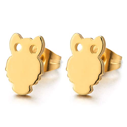 Mens Womens Gold Color Owl Stud Earrings in Stainless Steel, 2 pcs