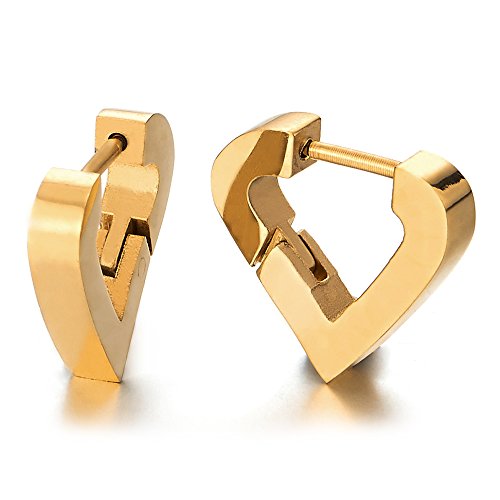 Pair Stainless Steel Gold Color Heart Shape Huggie Hinged Hoop Earrings for Womens