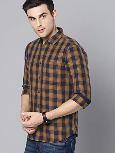 Dennis Lingo Men's Checkered Slim Fit Casual Shirt (C419_MUSTARD_M_Mustard_M)