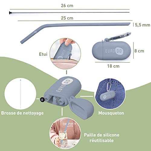 EURODO 2021 Newest Wiederverwendbare zusammenklappbare Silikonstrohhalme - Tragbarer Trinkhalm mit Tragetasche und Reinigungsbürste, BPA-frei