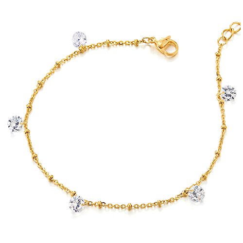 COOLSTEELANDBEYOND Stainless Steel Gold Color Anklet Bracelet with Dangling Cubic Zirconia and Jingle Bell