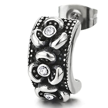 2pcs Vintage Steel Half Hoop Earrings with Flower and Cubic Zirconia, for Women