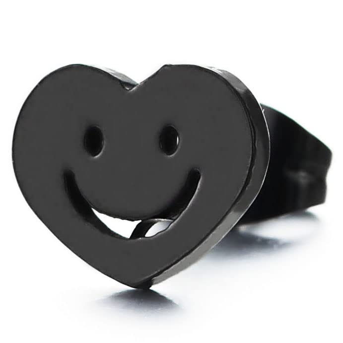 Pair Black Plain Heart Smile Face Stud Earrings Stainless Steel for Women, Screw Back