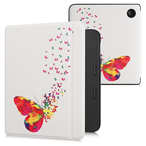 kwmobile Case Compatible with Kobo Libra 2 - Case PU e-Reader Cover - Butterfly Swarm Multicolor/Dark Pink/White