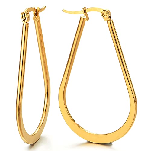 Pair Stainless Steel Large Flat Teardrop Huggie Hinged Hoop Earrings for Women Gold Color