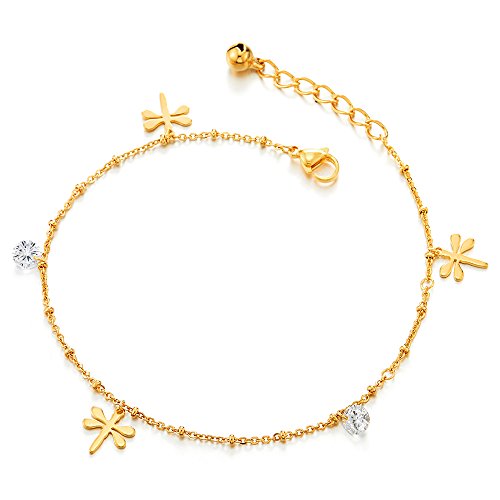 COOLSTEELANDBEYOND Steel Gold Color Anklet Bracelet with Dangling Charms of Dragonflies, Cubic Zirconia and Jingle Bell