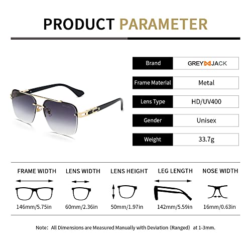 grey jack Square Metal Frame Sunglasses for Men Women,Flat Design Double Bridge Eyewear for UV Protection GJ10211 Golden Frame Double Black Lens