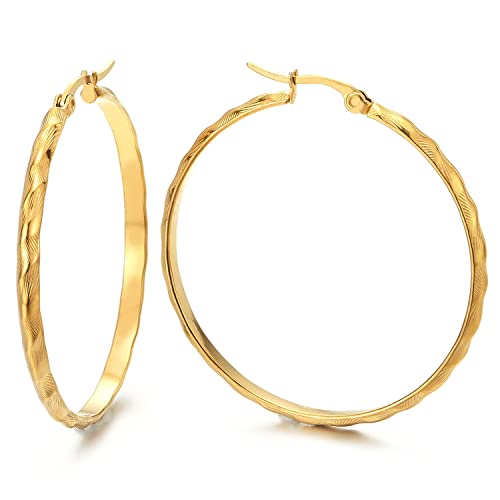 Women Steel Large Grooved Stripes Pattern Circle Huggie Hinged Hoop Earrings, Gold Color, Fashion