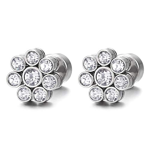 Pair Sparkling Stainless Steel Cubic Zirconia Flower Stud Earrings for Women, Screw Back