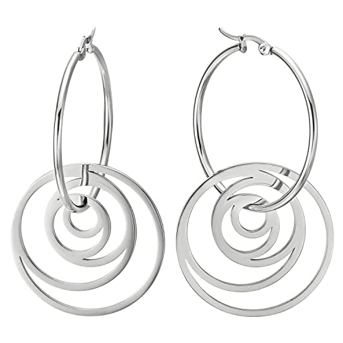 Pair Women Stainless Steel Huggie Hinged Hoop Earrings with Dangling Swirl Circle