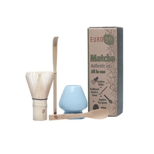 EURODO Japanisches Zubehör für die Matcha-Zeremonie, Matcha-Schneebesen (Chasen), traditionelle Schaufel (Chashaku), Schneebesenhalter - Keramikschale (Chawan) - das perfekte Set für die Zubereitung