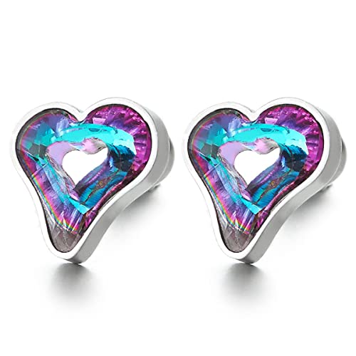 Pair Stainless Steel Womens Open Heart Stud Earrings with Green Violet Crystal, Screw Back