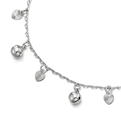 Beautiful Link Chain Anklet Bracelet with Dangling Grooved Hearts and Jingle Bells, Adjustable