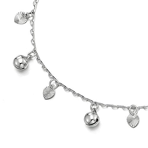 Beautiful Link Chain Anklet Bracelet with Dangling Grooved Hearts and Jingle Bells, Adjustable