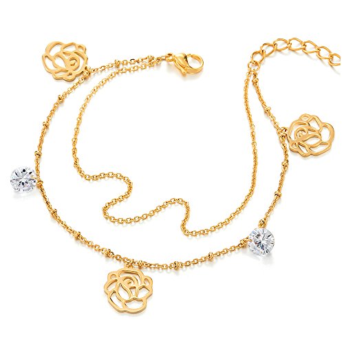 COOLSTEELANDBEYOND Steel Gold Two-row Anklet Bracelet with Dangling Charms of Rose Flower, Cubic Zirconia, Jingle Bell