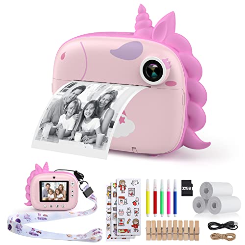 HiMont Kids Camera Instant Print, Digital Camera for Kids with Zero Ink Print Paper & 32G TF Card, Selfie Video Camera with Color Pens & Photo Clips for DIY, Gift for Girls Boys 3-14 Years Old (Pink)