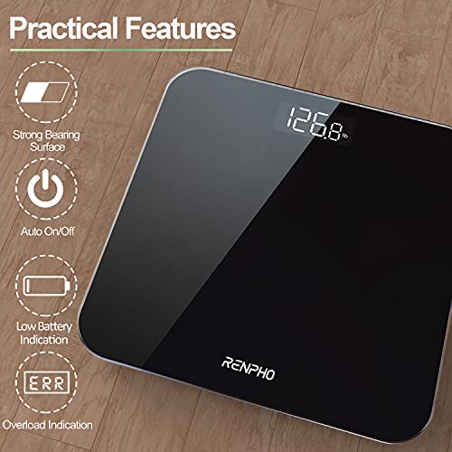 RENPHO Digital Bathroom Scales for Body Weight, Weighing Scale Electronic Bath Scales with High Precision Sensors Accurate Weight Machine for People, LED Display, Step-On (Stones/Pounds/KG) - Black