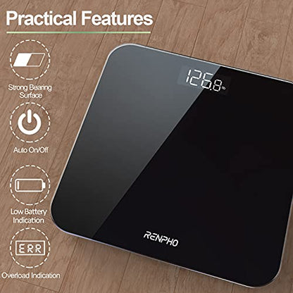 RENPHO Digital Bathroom Scales for Body Weight, Weighing Scale Electronic Bath Scales with High Precision Sensors Accurate Weight Machine for People, LED Display, Step-On (Stones/Pounds/KG) - Black