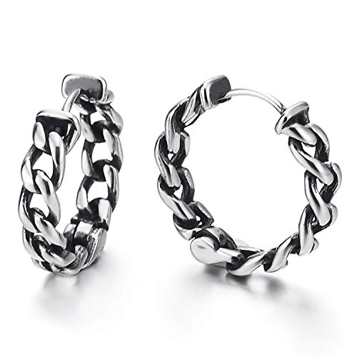 Pair Stainless Steel Vintage Tribal Curb Chain Wreath Huggie Hinged Hoop Earrings Unisex Men Women